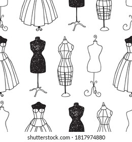 Seamless pattern of outlines various sewing mannequins