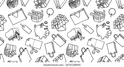 Seamless pattern of outlines various shopping symbols, bags, coins, piggy bank, purse, boxes, basket, vector black and white background, hand drawn illustration, paper, wallpaper, wrapper