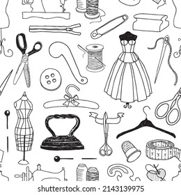 Seamless pattern of outlines various tools and equipment for sewing