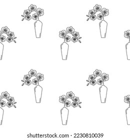 Seamless pattern with outlines of vases with orchids. Vector illustration
