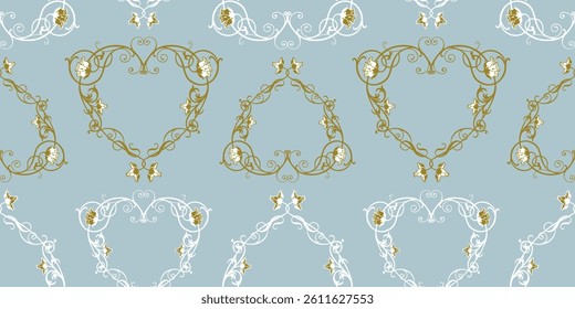 Seamless pattern of outlines vintage decorative floral heart shapes, vector background, paper, fabric, wallpaper