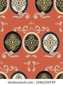 Seamless pattern of oval elements, inside which there are openwork shapes.