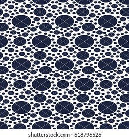Seamless pattern of oval. Monochrome minimalist background with randomly disposed spots. Simple texture from different circles. Blue and white color.