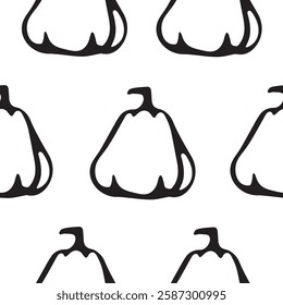 seamless pattern with oval shaped pumpkins drawn with root outline in line art style on white background, for packaging or textile