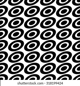 Seamless pattern with ovals, ellipses. Black and white abstract background with tilted oval shapes.