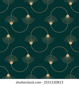 Seamless pattern with ovals and golden fans on deep green background. Art deco style. Vector seamless pattern.