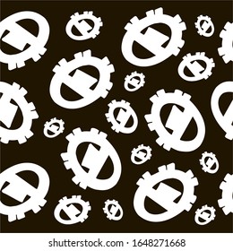 Seamless pattern of ovals with a square and a stripe inside . Black background with white elements.