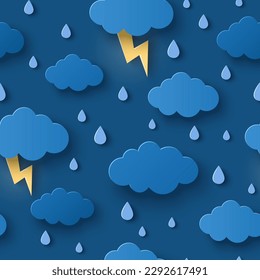 Seamless pattern overcast sky, thunder and lightning. Rainy day monsoon concept background with dark clouds. Vector illustration. Monsoon season, weather wallpaper