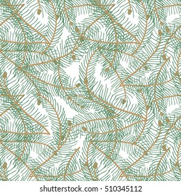 Seamless pattern with overlapped fir and spruce twigs. Cute decorative design for celebrating winter holidays - Christmas and New Year. Xmas symbols and elements on white backdrop.