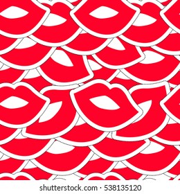 Seamless pattern with overlapped kissing lips. Cute vector art in badges, stickers, pins, patches style, inspired by cartoon comic style of 80s-90s.