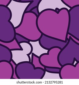 Seamless pattern with overlapping cartoon hearts in pink and purple tones. Vector illustration for print, fabric, cover, packaging, interior decor, blog decoration and other your projects.