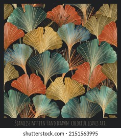Seamless pattern overlapping colorful leaves art