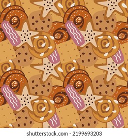 Seamless pattern with overlapping cookies and buns. Hand drawn sweets in sugar brown colours. Vector illustration.