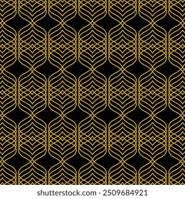 Patrón sin fisuras con líneas doradas curvas superpuestas sobre un fondo negro. Adecuado para varios proyectos creativos o Elementos decorativos.