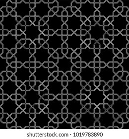Seamless pattern with overlapping geometric shapes forming abstract ornament. Vector stylish texture in black and white color. Ethnic line islamic pattern.
