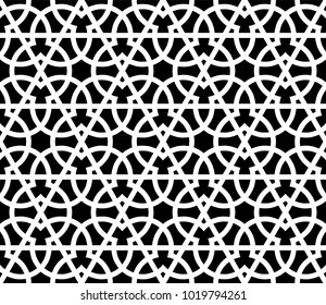 Seamless pattern with overlapping geometric shapes forming abstract ornament. Vector stylish texture in black and white color. Ethnic line islamic pattern.