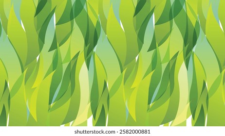 A seamless pattern of overlapping green leaf shapes with varying transparency. Ideal for eco-friendly designs, nature-themed projects, wallpapers, or fabric prints.