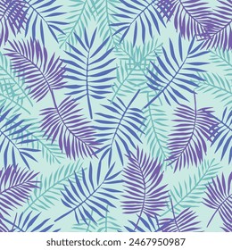 Seamless pattern of overlapping leafs among three types of leafs on light blue background. Presented through the positioning of scattered leafs. This format is suitable for printing on fabric, textile