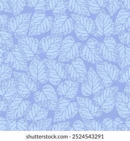 Seamless pattern of overlapping light sky leafs on soft blue background. Presented through the arrangement of leafs close together to form a single wall. The pattern is ideal for printing on fabrics.