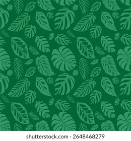 Seamless Pattern with Overlapping Monstera Leaves in Light Green on Dark Green Background, Dense Tropical Jungle Vibe, Natural and Lush Design Perfect for Botanical and Nature Themes