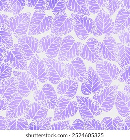 Seamless pattern of overlapping purple leaves on white background. Presented through the arrangement of leaf close together to form a single wall. The pattern is ideal for printing on fabrics, textile