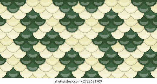 Patrón sin fisuras de escalas superpuestas en verde crema y bosque.  El diseño elegante y texturizado evoca la naturaleza, el lujo y la protección. Ideal para la moda, los Sitios web o el embalaje.