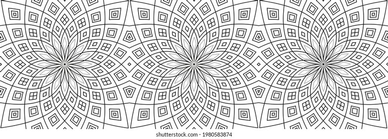 Seamless pattern of overlapping spirals in black and silver line on white background. For tablecloth, bandana, shawl, or other textile design.