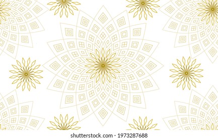 Seamless pattern of overlapping spirals in gold line on white background. For tablecloth, dress, skirt, bandana, shawl, or other textile design.