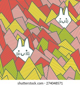 Seamless pattern with overlapping striped triangles and bunnies, geometric background, wallpaper, wrapping paper