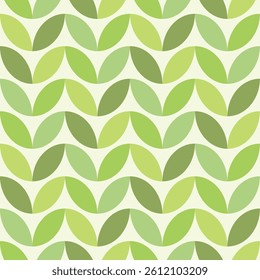 A seamless pattern of overlapping transparent leaf shapes in analogous shades of green inspired by retro 1970s pop art.