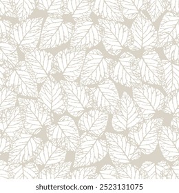 seamless pattern of overlapping white leaf on cream background. Presented through the arrangement of leaf close together to form a single wall. The pattern is ideal for printing on fabric and textile.