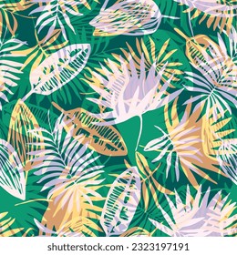 Seamless pattern with overlay mess of neutral green, light pink and orange colors tropical leaves. Trendy exotic plants texture for textile, wrapping paper, surface, wallpaper, background