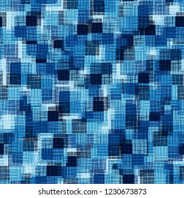 Seamless pattern. Overlaying chaotic and orderly checkered textures. Ice shades.