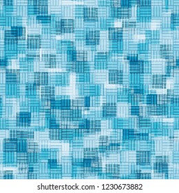 Seamless pattern. Overlaying chaotic and orderly checkered textures. Ice shades.