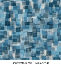 Seamless pattern. Overlaying chaotic and orderly checkered textures. Ice shades.