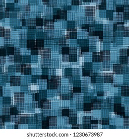 Seamless pattern. Overlaying chaotic and orderly checkered textures. Ice shades.