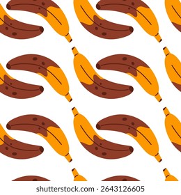 Seamless pattern of overripe banana. Spoiled tropical fruit.Vector illustration in cartoon style. Isolated on white background
