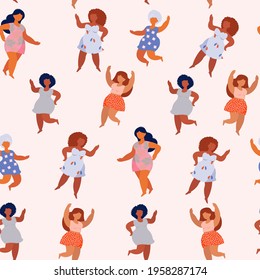 Seamless pattern of overweight females dancing in summer dresses. The concept of body positivity, self-love, female beauty. Vector graphics.