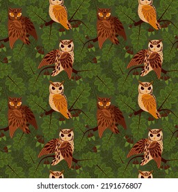 seamless pattern of an owl in the autumn forest