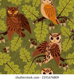 seamless pattern of an owl in the autumn forest