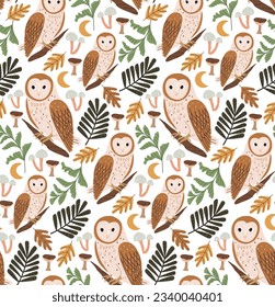 Seamless pattern with owl and autumn leaves. Beautiful autumn pattern with a bird