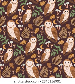 Seamless pattern with owl and autumn leaves. Beautiful autumn pattern with a bird on a dark background