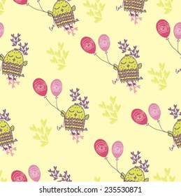 seamless pattern owl with balloons and hearts