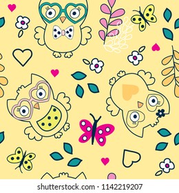 seamless pattern with owl and butterfly vector illustration