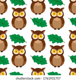 seamless pattern, owl in cartoon style, oak leaf, children's drawing, ornament for wallpaper and fabric, wrapping paper