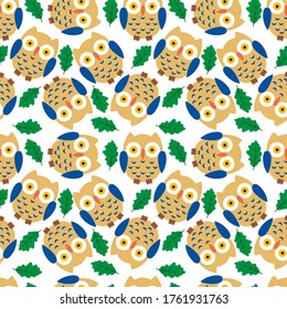 seamless pattern, owl in cartoon style, oak leaf, children's drawing, ornament for wallpaper and fabric, wrapping paper