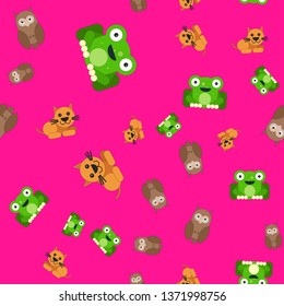 Seamless pattern of owl and cat frog. Vector illustration in cartoon style on a colored background.