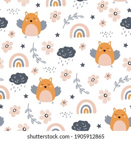 Seamless pattern with owl, cloud and rainbow in the sky.  Creative kids hand drawn texture for fabric, wrapping, textile, wallpaper, apparel. Vector illustration