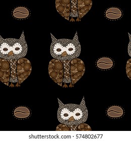 Seamless pattern with owl with coffee in the eye on the black background. Can be used for printing on fabric, for wrapping paper and for the background of the site.