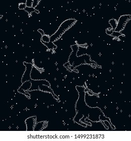 Seamless pattern with owl and deer silhouette. Decoration winter christmas background. Animal pattern